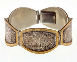 Vintage Mexico Sterling Silver &amp; Brass Hand Engraving Link Bracelet 7.00&quot; - £129.19 GBP