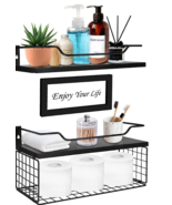 2 Floating Shelves w Metal Guardrails 1 wire basket 1 &quot;Enjoy Your Life&quot; ... - £28.17 GBP