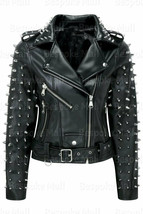 New Women Black Punk Full Spiked Studded Brando Classic Real Leather Jacket-804 - £261.50 GBP