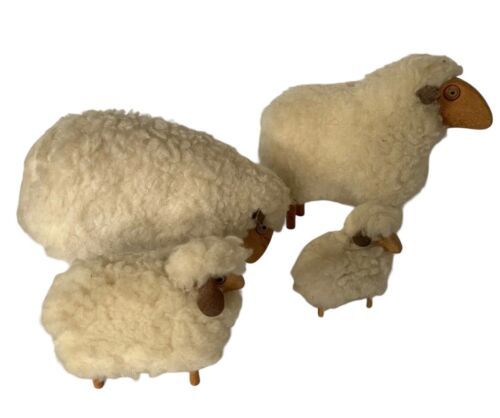 Primary image for Set of 4 Vintage Wool Wood Sheep Figures Primitive Folk Art Farmhouse Christmas