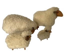 Set of 4 Vintage Wool Wood Sheep Figures Primitive Folk Art Farmhouse Ch... - £37.16 GBP