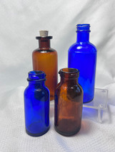 Vtg Lot Of 4 Cobalt Blue &amp; Brown Drug Store Pharmaceutical Bottles Bromo... - $29.95