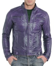 Stylish Purple Real Soft Lambskin Leather Men&#39;s Jacket Casual Biker Motorcycle - £85.75 GBP