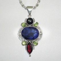 925 Sterling Silver Sapphire Onyx Peridot &amp; Garnet Gemstone Pendant Gift PSV1013 - £34.54 GBP+