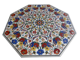 30&quot; White Marble Dining Coffee Table Top Inlaid Birds Butterfly Design Real Gems - £1,764.53 GBP