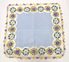 Vintage Cotton Hankie Purple Yellow Floral White Daisy w Hand Tatting Edge - $18.32