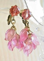 Translucent Pink Acrylic Gold-tone Drop Clip Earrings 1960s vintage 1 1/2&quot; - £9.67 GBP