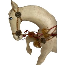 Hand Carved Wooden Horse Inset Glass Eyes Saddle Antique Vintage White Mini 12&quot; - £183.63 GBP