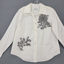 Coldwater Creek Women Shirt Size M White Stretch Embroidered Floral Long Sleeves - £9.16 GBP