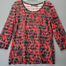 Notations Women Shirt Size S Red Stretch Preppy Sequin Ruffles 3/4 Sleeve Scoop - £9.89 GBP