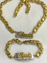 Personalized 14k gold overlay xoxo teddy bear Name Necklace and bracelet set  - £80.38 GBP