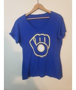 Women&#39;s MEDIUM Milwaukee Brewers Short Sleeve Tee V Neck Blue Baseball G... - $179.06 MXN