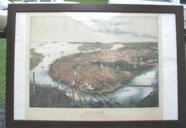 Boston Panoramic Map Birds Eye View Framed Poster Print 1877 - £117.98 GBP