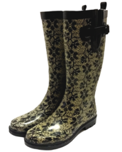 Rainboots Womens Sz 7 Barn Boots Black Tan Tall Capelli Rain Boots Floral Vine - £42.54 GBP