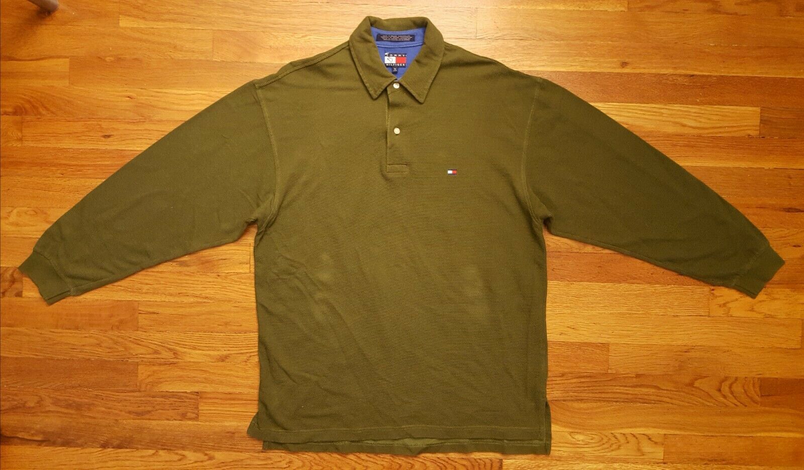 Primary image for Tommy Hilfiger Dark Army Olive Green Long Sleeve Button Polo Shirt Medium M