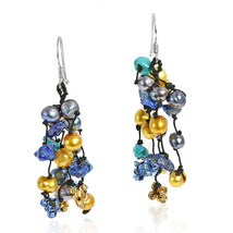 Golden Melody Lapis-Turquoise .925 Silver Pearl Earrings - £9.66 GBP