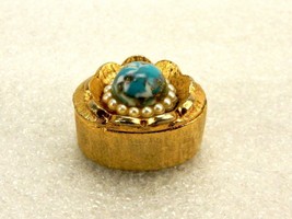 Miniature Brass Snuff/Pill Box, Turquoise Marble Flower, Gold Tone, Vintage - $24.45