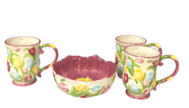 Temptations Ovenware Figural Floral 3 12 oz Mugs 1 Bowl 6.5 inch by Tara... - $49.98