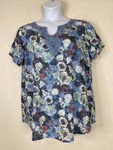 Hannah Womens Plus Size 1X Semi-Sheer Blue Floral Knit T-shirt Short Sleeve - £10.96 GBP
