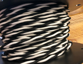 Cloth Covered Cord -  Black &amp; White 2-Wire Twisted, Vintage Style Fabric Lamp  - £1.03 GBP