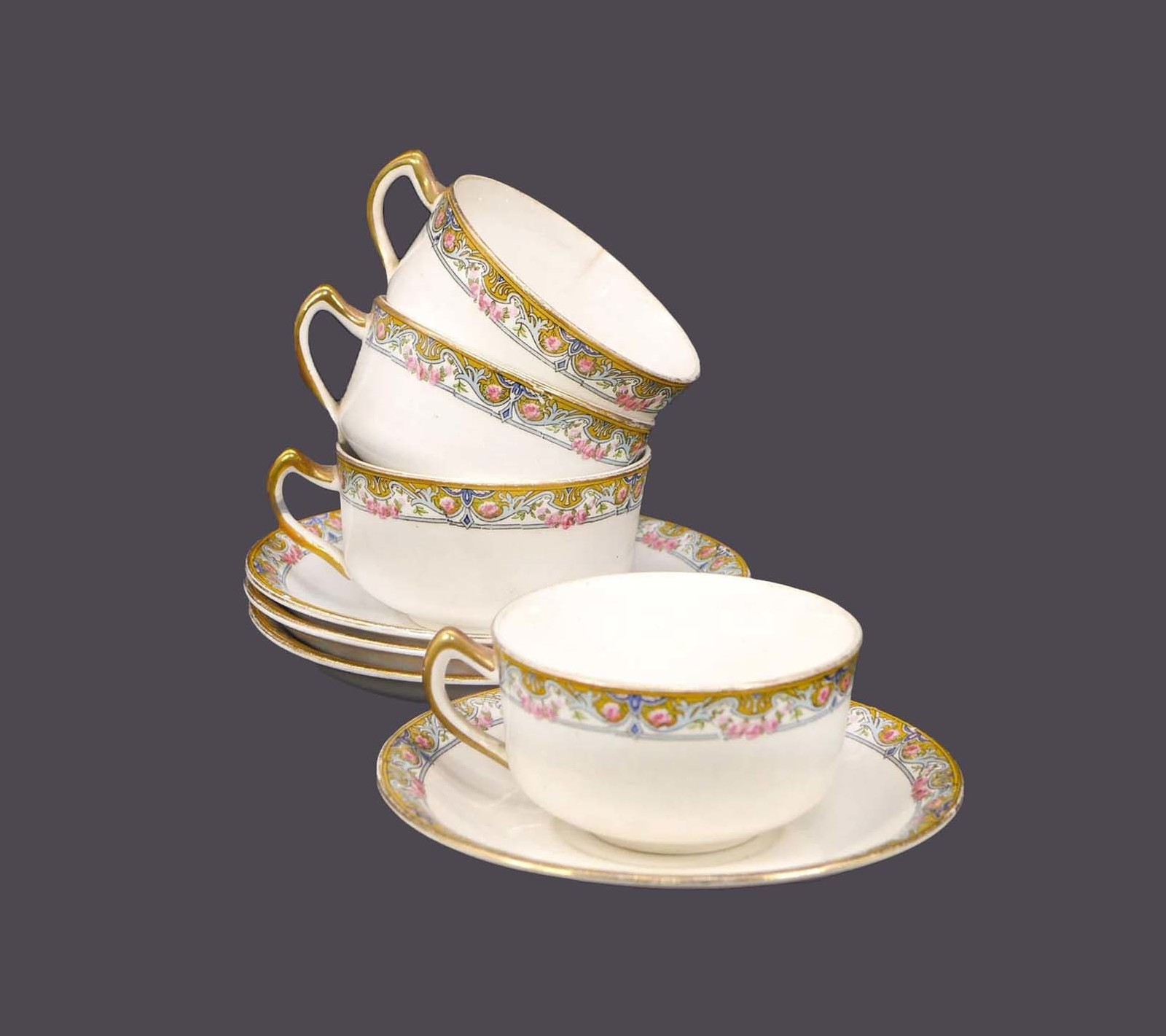 Four antique art-nouveau Homer Laughlin Empress cup and saucer sets made in USA. - £82.02 GBP