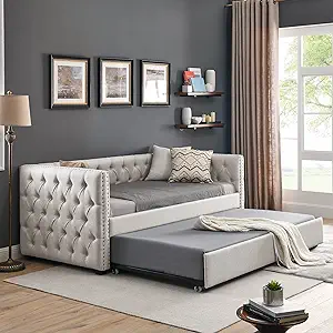 Daybed With Trundle Upholstered Tufted Sofa Bed, With Button And Copper ... - $880.99