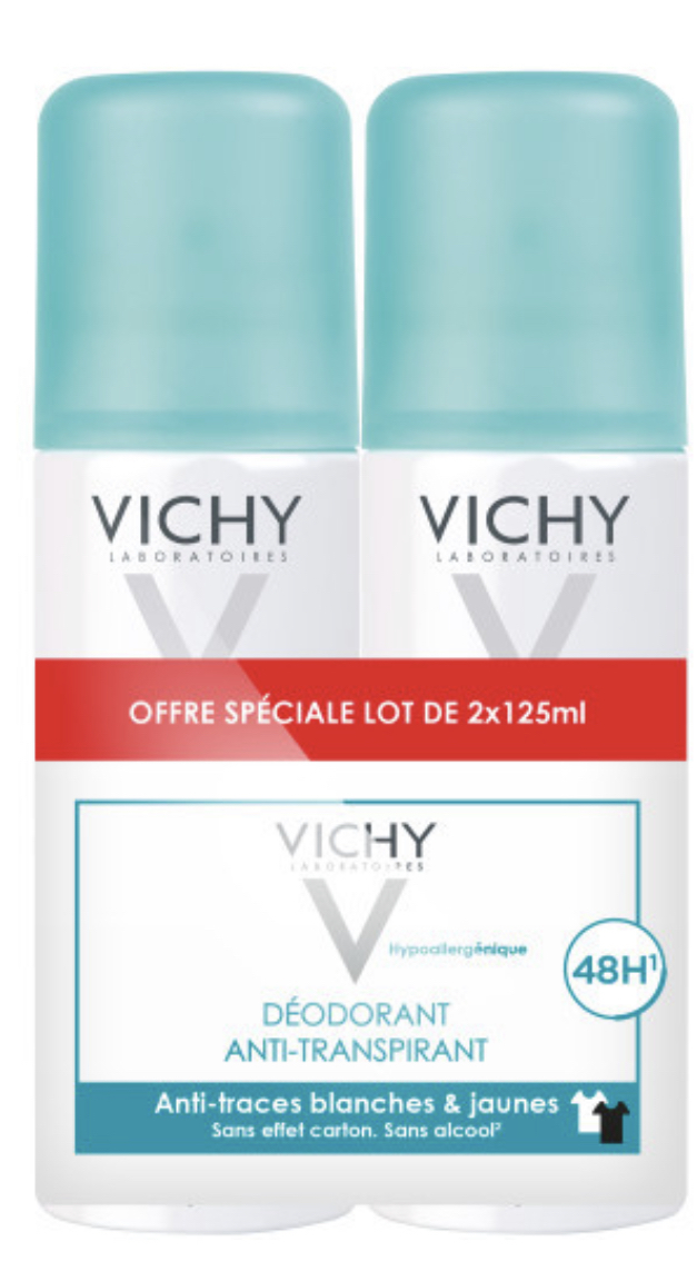 Vichy Deodorant Anti-Perspirant Spray No Marks White Aerosol 48H 2x 125ml - $44.50