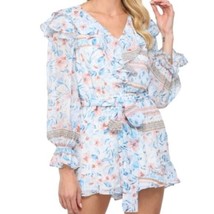 Fate Floral Print Light Weight Ruffle Shorts Romper In Blue White Multi Size S - $47.50