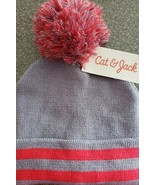 Cat and Jack Pom Knit Beanie Hat One Size Boys Grey Red Striped Cuffed - $285.35 MXN