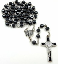 Catholic Rosary Necklace Black Hematite Beads Saint Benedict Medal San Benito - £11.83 GBP
