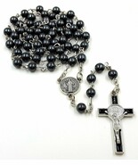 Catholic Rosary Necklace Black Hematite Beads Saint Benedict Medal San B... - $20.20 CAD