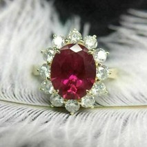 14K Gelb Vergoldet 3Ct Oval Labor Erstellt Rot Rubin Diamant Hübsch Halo Ring - £45.69 GBP