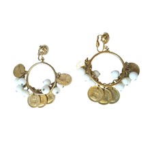 Vintage Coins &amp; White Beads Circle Dangle Earrings Yellow Gold Plated Clip On - £22.52 GBP