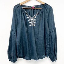 Vince Camuto Womens M Peasant Top Blouse Linen Bohemian Blue White Embroidered  - £19.27 GBP