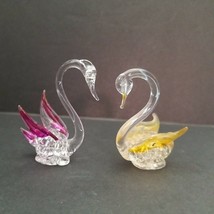 2 Miniature Glass Swan Figurine Yellow Purple Wings 2&quot; Small Handblown - £12.78 GBP