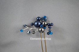 Navy blue hair pin, Formal hairdo, Crystals pearls U pin, Bridal hairdo,... - £17.30 GBP