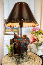 Western Cowboy Faux Tooled Leather Turquoise Art Horse Saddle Table Lamp Decor - £55.12 GBP