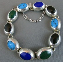 Vintage Taxco 10 Gemstone Inlay Sterling Silver 7&quot; Barcelet 26.8 Grams Stunning - £106.23 GBP