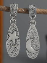 Vintage Retro Bohemian Style Oval Shape Pentagram Moon Pattern Dangle Earrings - $15.00