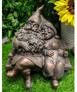 Forever Love Mr and Mrs Gnome Couple Sitting On Wooden Stool Bench Figurine - €31,74 EUR