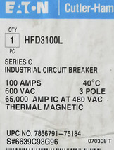 CUTLER-HAMMER HFD 100 AMP, 3 POLE, 600 VOLT CIRCUIT BREAKER (HFD3100L) ~... - £953.88 GBP