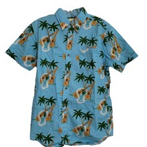 Coastal Mens Shirt Size Small Hawaiian Leis Ukulele Palm Trees Blue Cotton Camp - £15.03 GBP