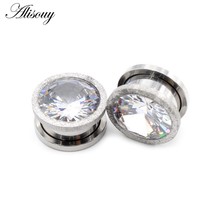 Alisouy 2pcs Stainless Steel Frosted Scrub Zirconia Crystal Ear Tunnels Plugs Ex - £14.43 GBP