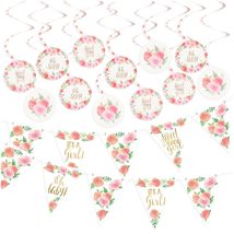 Floral Baby Shower Party Supplies - Sweet Baby Girl Pennant Banner and Spiral De - £12.26 GBP