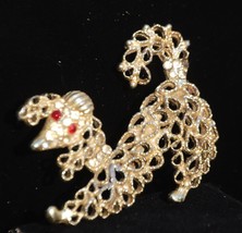 Gold Tone Poodle Brooch Pin Ruby Red Eyes Clear Rhinestones Jewelry Vintage - £11.67 GBP