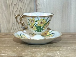 Beautiful Vintage UCAGCO Iridescent  Footed Teacup &amp; Saucer ~ March Daffodil - £11.93 GBP