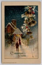 John Winsch Christmas Wishes Snowy Night Church Bells Holly Postcard C39 - £5.46 GBP