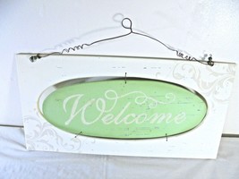 Welcome Sign Plaque Front Door Wall Decor Wood beige green sparkly distressed - £7.67 GBP