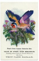 Circa 1900 Frears Troy Cash Bazaar NY trade card bright bird &amp; flowers - $380.53 MXN