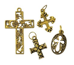 4 Cross Charm Assorted Antiqued Gold Ornate Filigree Swiss Bead Drop Charms - £3.16 GBP